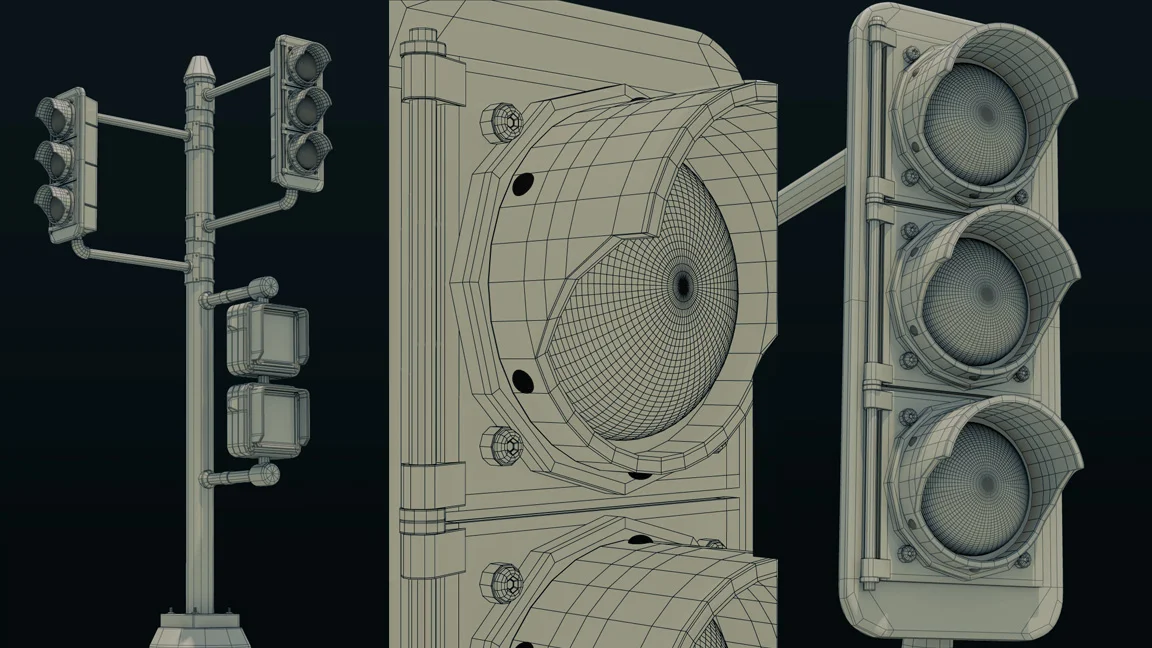 high poly traffic light wireframe