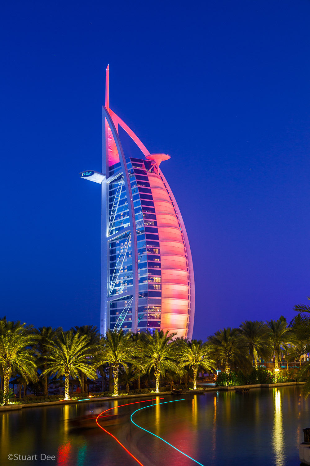  Burj Al Arab at night, Dubai City, Dubai, UAE. The hotel is a symbol of Dubai. 