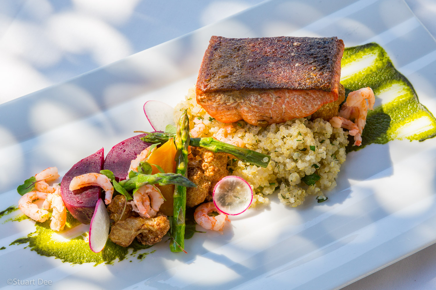  Pacific Northwest Sockeye Salmon
roasted local shrimp, dill puree, North Arm Farm baby beetroots, cauliflower, asparagus, quinoa 