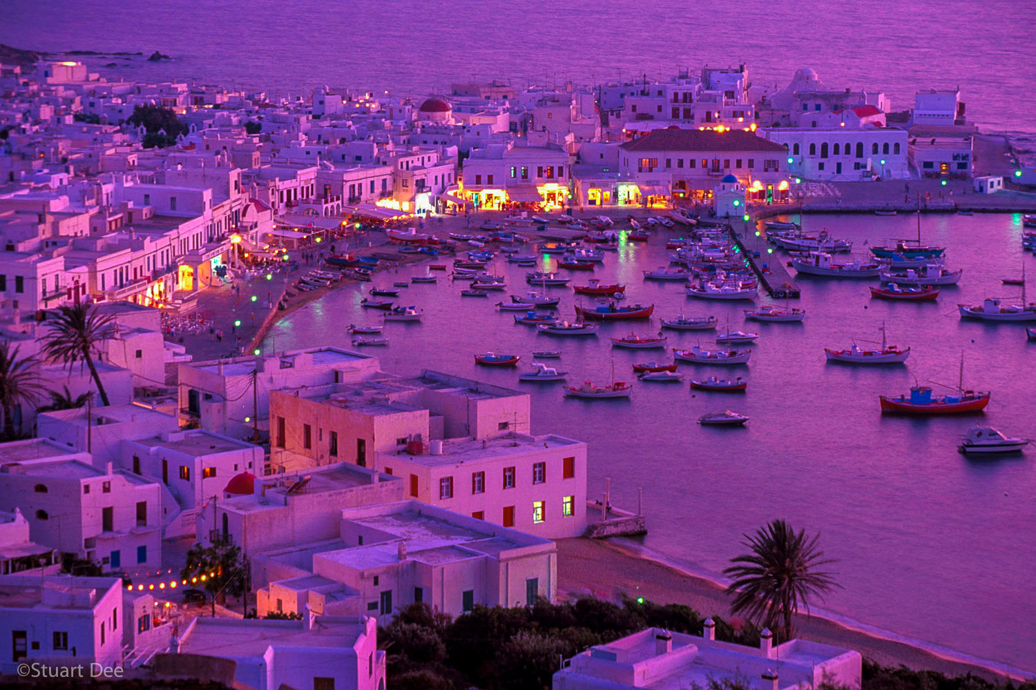 Village And Harbour At Dusk, Mykonos, Greece