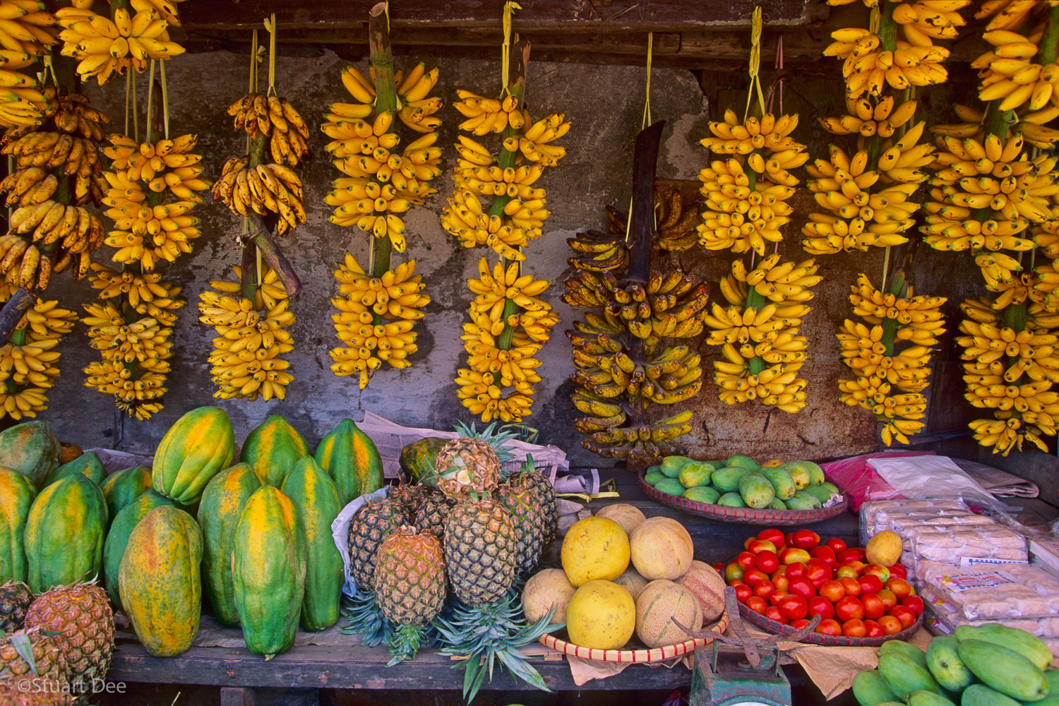  Fruit stand with bananas, papayas, pineapples, mangoes and other tropical fruit. Cavite, Philippines 