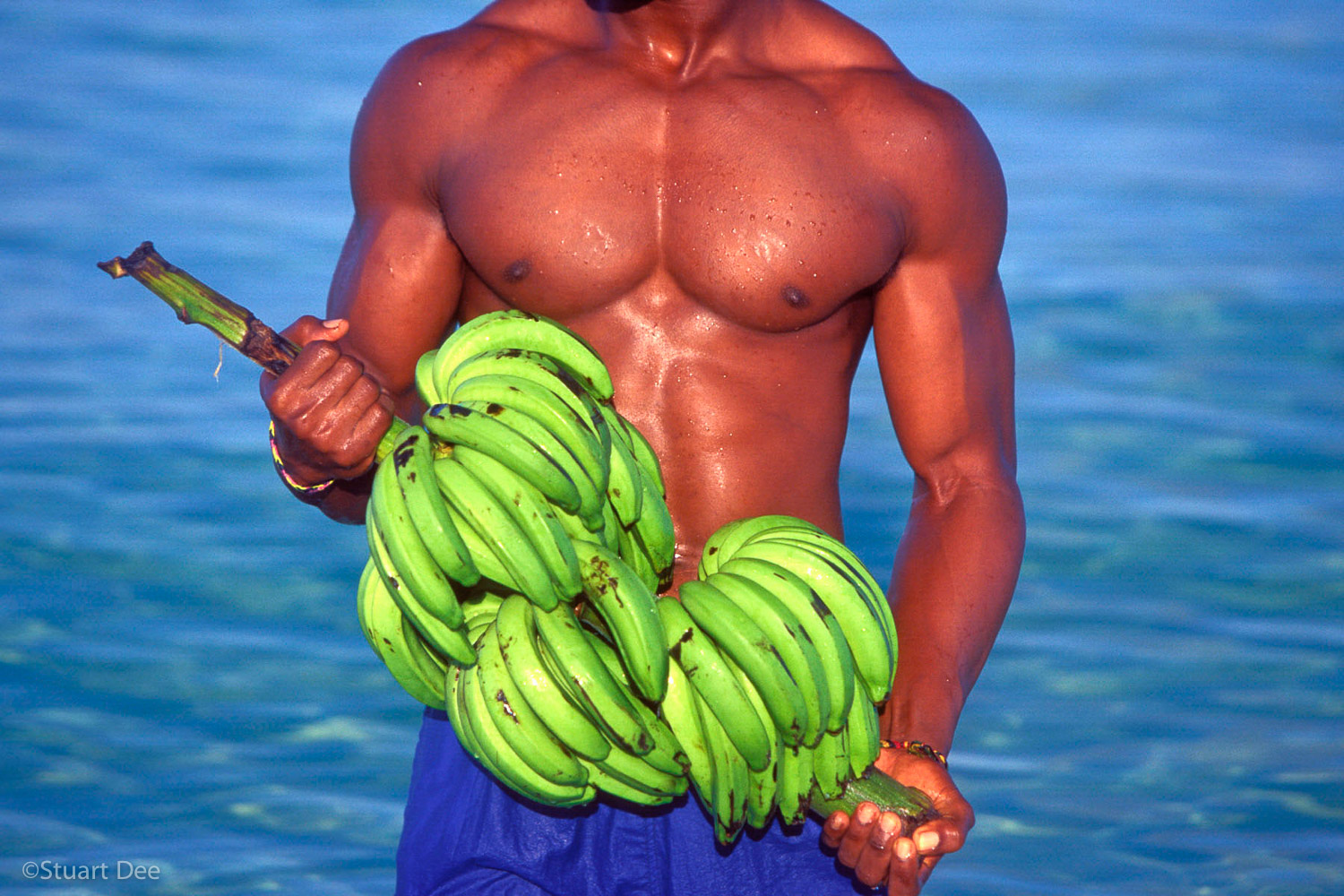  Man, black, at beach, with bananas, Negril, Jamaica,  R 