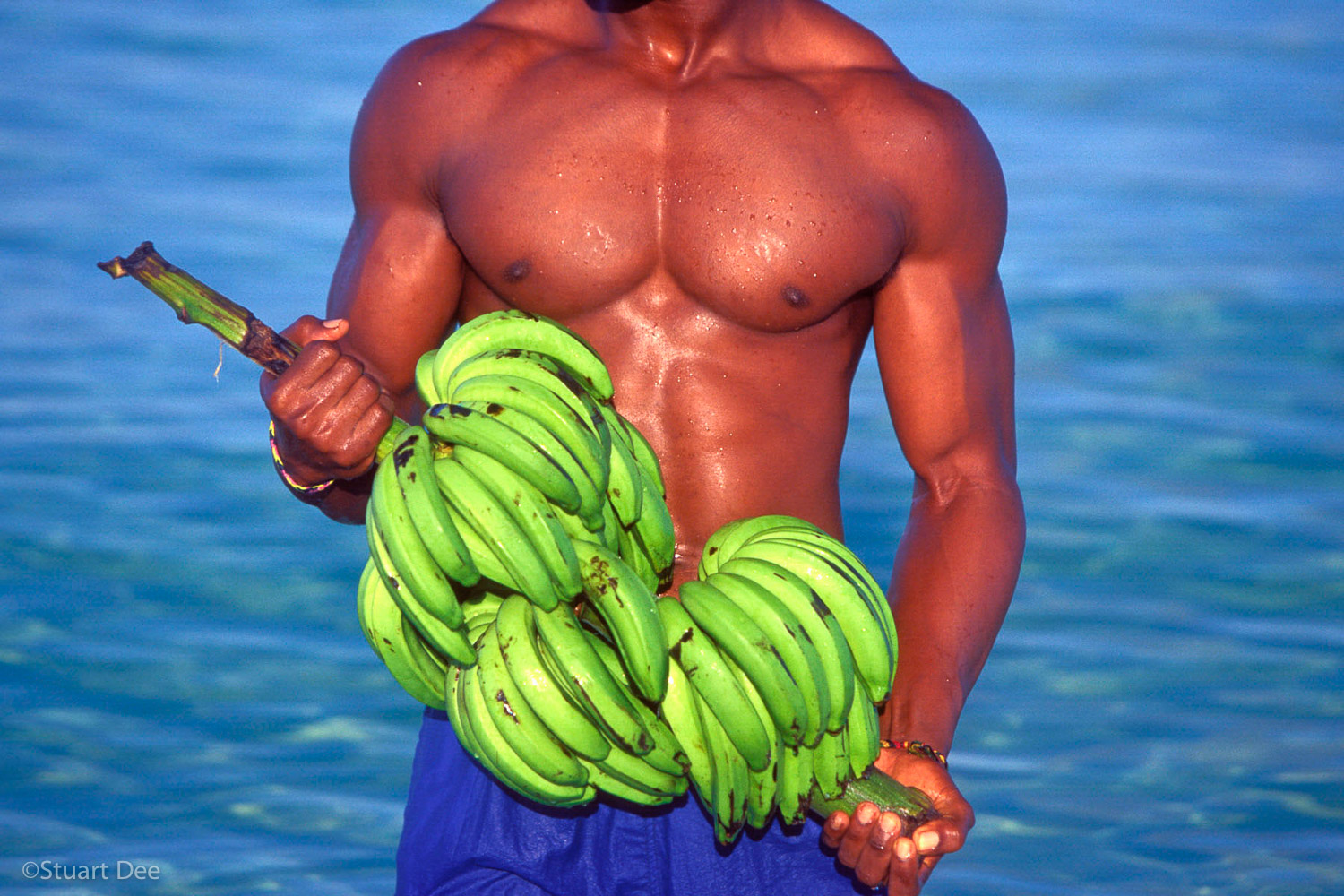 Man, black, at beach, with bananas, Negril, Jamaica, R