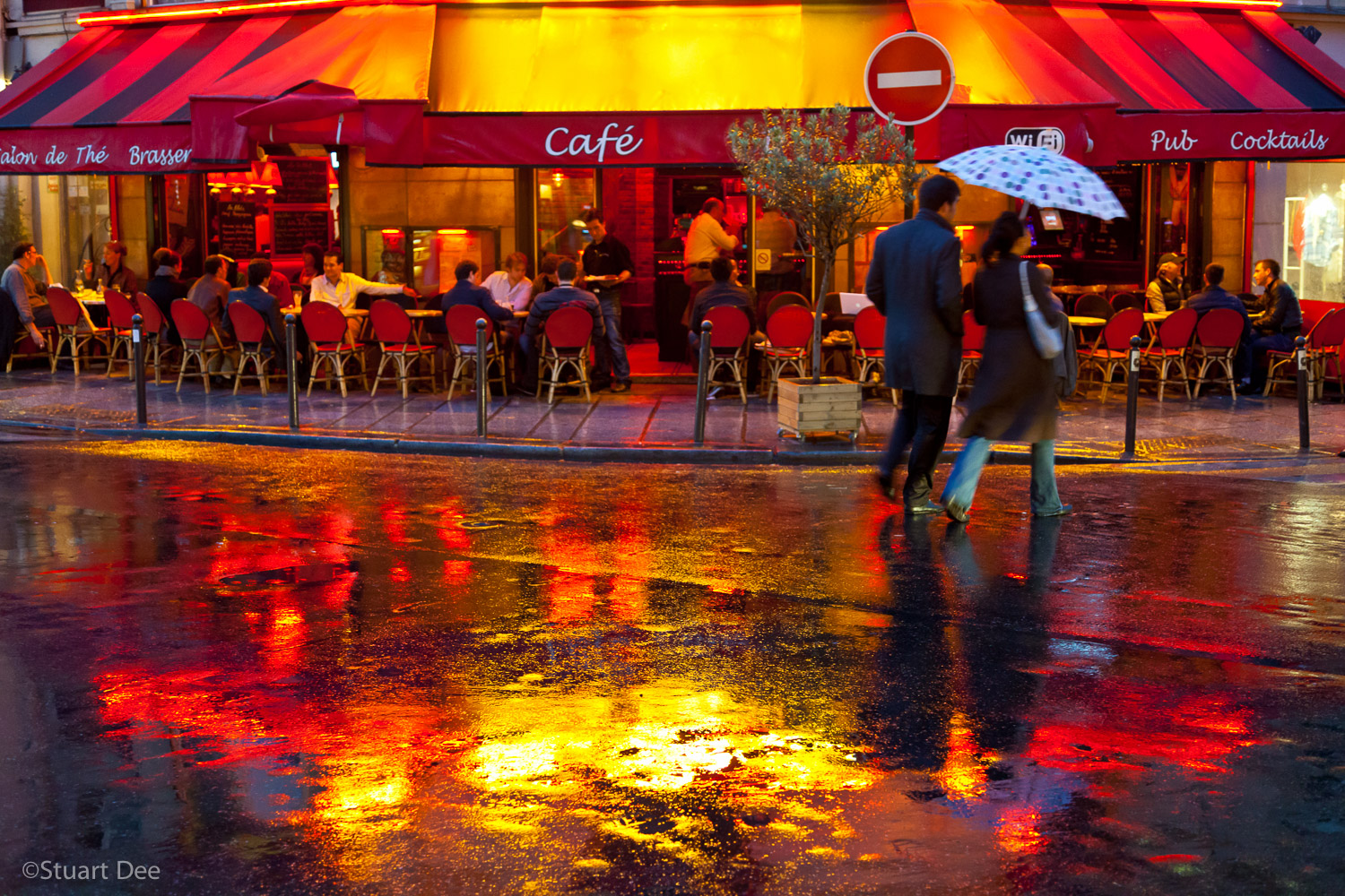  Cafe scene with wet streets an night, Paris, France 