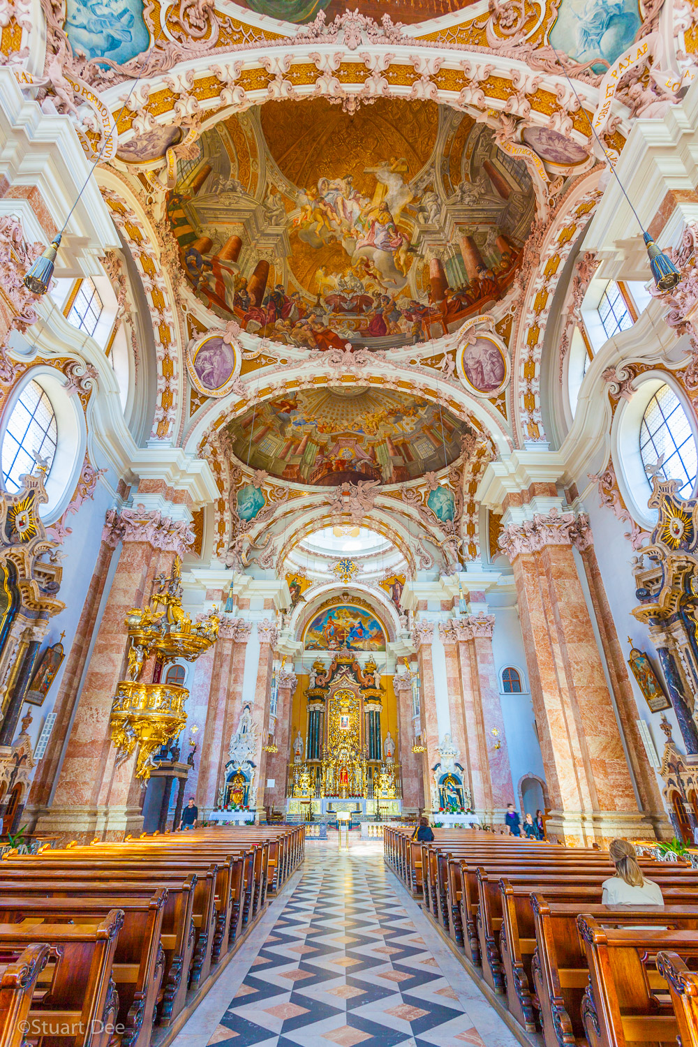  Interior, Innsbruck Cathedral, Innsbruck, Austria. Also known as the Domkirche, St. Jakob Cathedral, and Cathedral of St. James, it is one of the most important in the city. It is built in the 18th century Baroque style. 