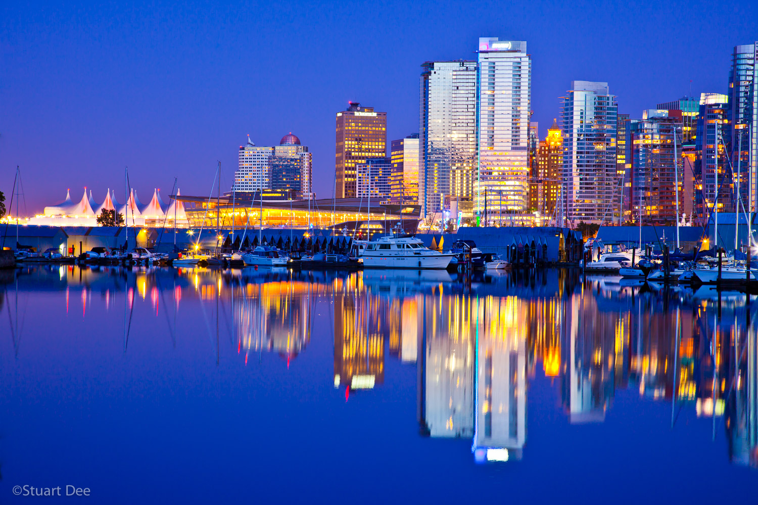  Vancouver skyline at dusk, Coal Harbor, Stanley Park, Vancouver, BC, Canada 