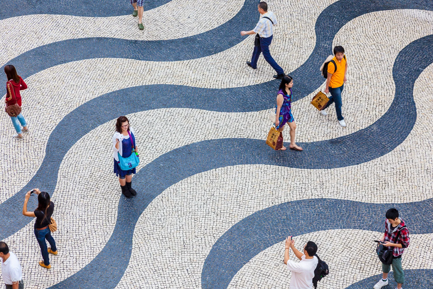 Aerial view of Senado Square, showing the traditional Portuguese colonial wave pattern on the ground, Macau, China