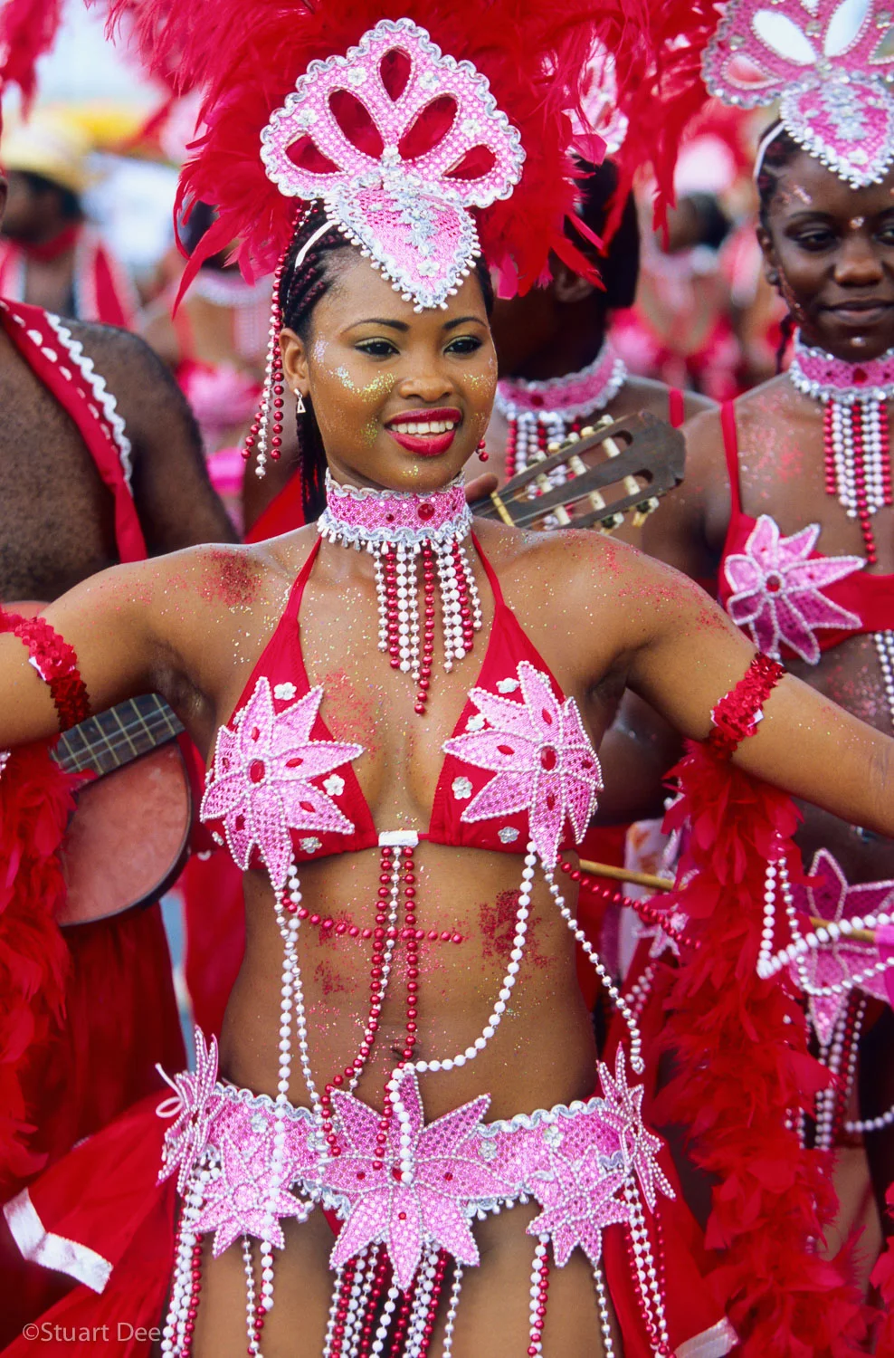 Close up of Carnival participant, Grand Kadooment, Crop Over Festival, Barbados. The Crop Over Festival is a Barbadian festival celebrating the end of the local sugar cane crop harvest, hence it's name. It is the major Festival of Barbados. During Grand Kadooment Day, the climax, thousands of participants join a street carnival parade in costumes.