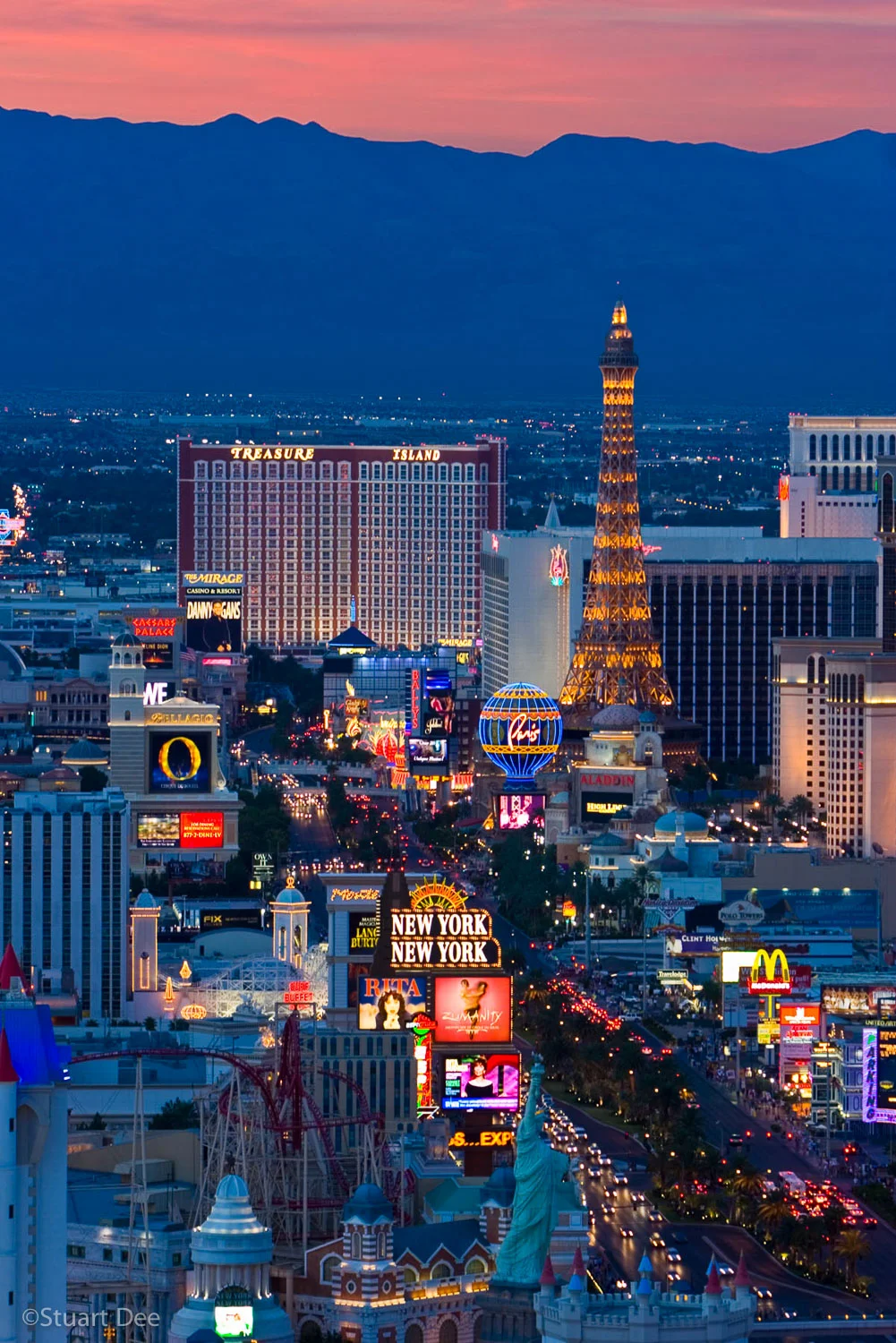 Las Vegas Strip at sunset, showing all the major hotels and casinos, Las Vegas, Nevada, USA.