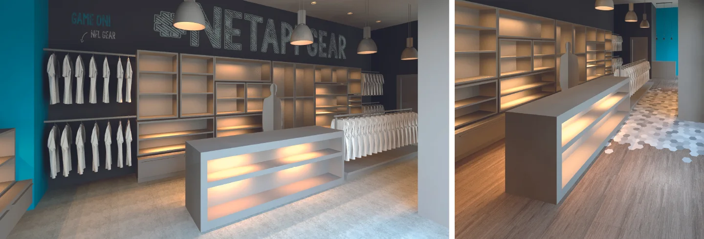 DESIGN RENDERINGS With the area being very long and fairly shallow at 12 feet deep, the design solution was to take advantage of the longest wall creating a large shelving unit with movable shelves. Black chalkboard paint covers the wall behind the …