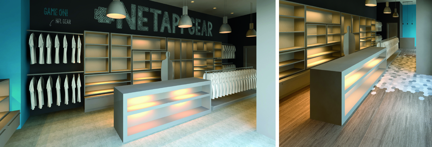 DESIGN RENDERINGS With the area being very long and fairly shallow at 12 feet deep, the design solution was to take advantage of the longest wall creating a large shelving unit with movable shelves. Black chalkboard paint covers the wall behind the unit so the client can further brand the space and also have the flexibility to change out the visuals from time to time for future branding.