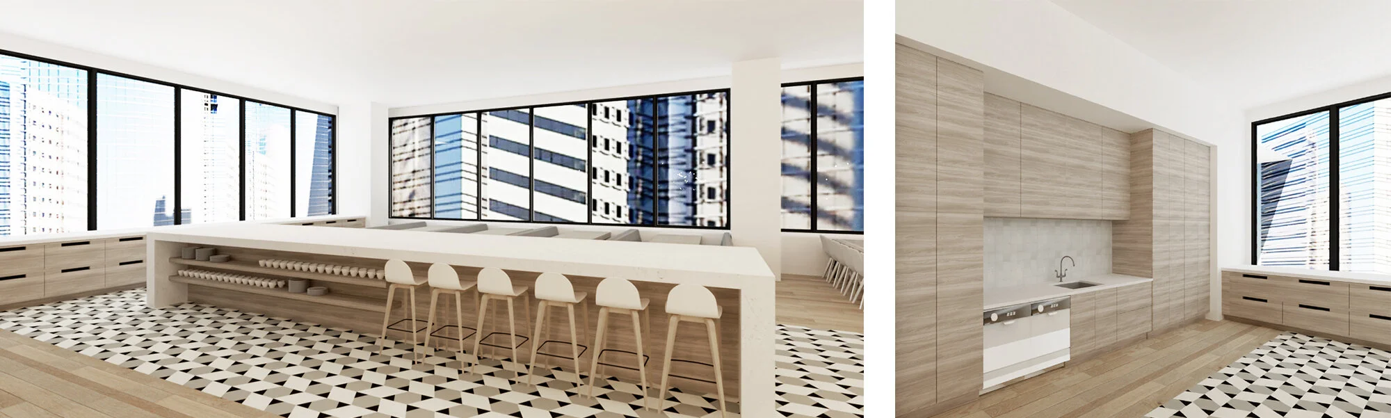 THE CAFE The heart of the office is the cafe which spans a large portion of the office space. The programming includes a kitchen, a long center island where daily food delivery can be served upon, ample seating for day-to-day use, a space for monthl…