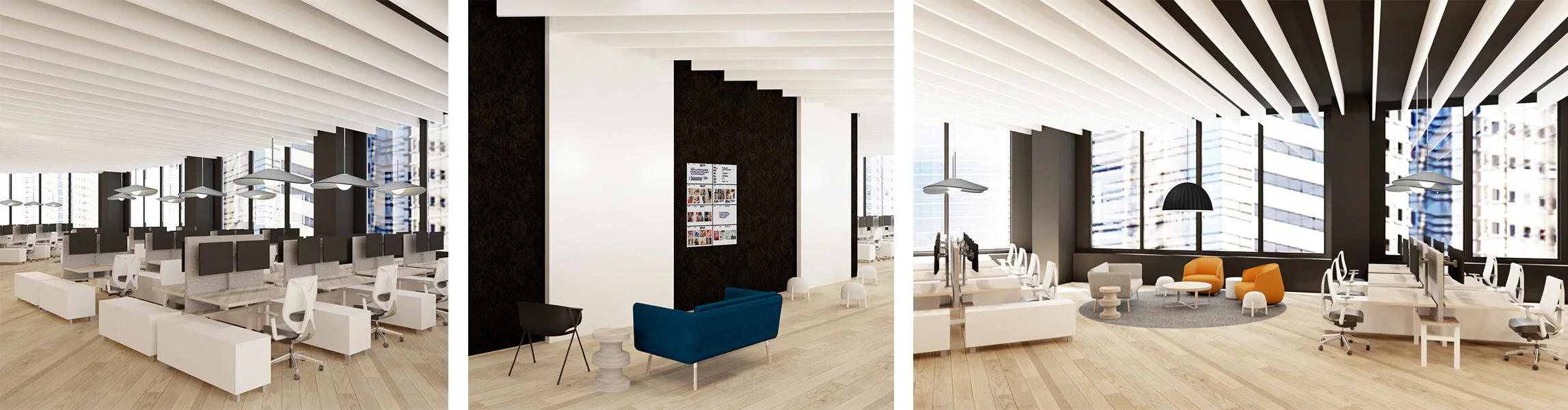 THE WORKSPACE AREA Acoustic felt panels hang in the workspace area to create a quiet and focused area for employees to do their best work. Black is brought in as an element on the ceiling and walls to counter the natural light pouring into the space…