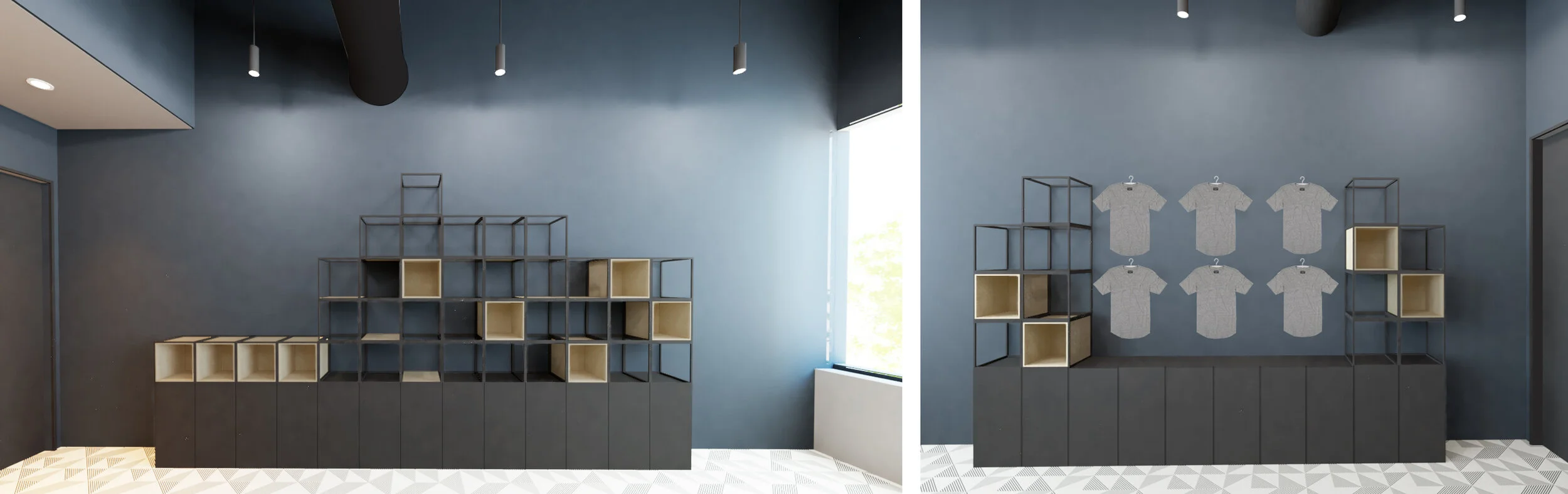 Overall, the material selection connects to the rest of the spaces, along with a few unexpected elements to make the space stand out. The black metal and wood fixtures are inspired by the materiality of the other areas within the building. The cemen…