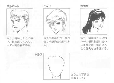 From left: Gilbert, Tina, Sayaka. The instruction manual suggest to "paste your own photo" for Toshio. ( Source )