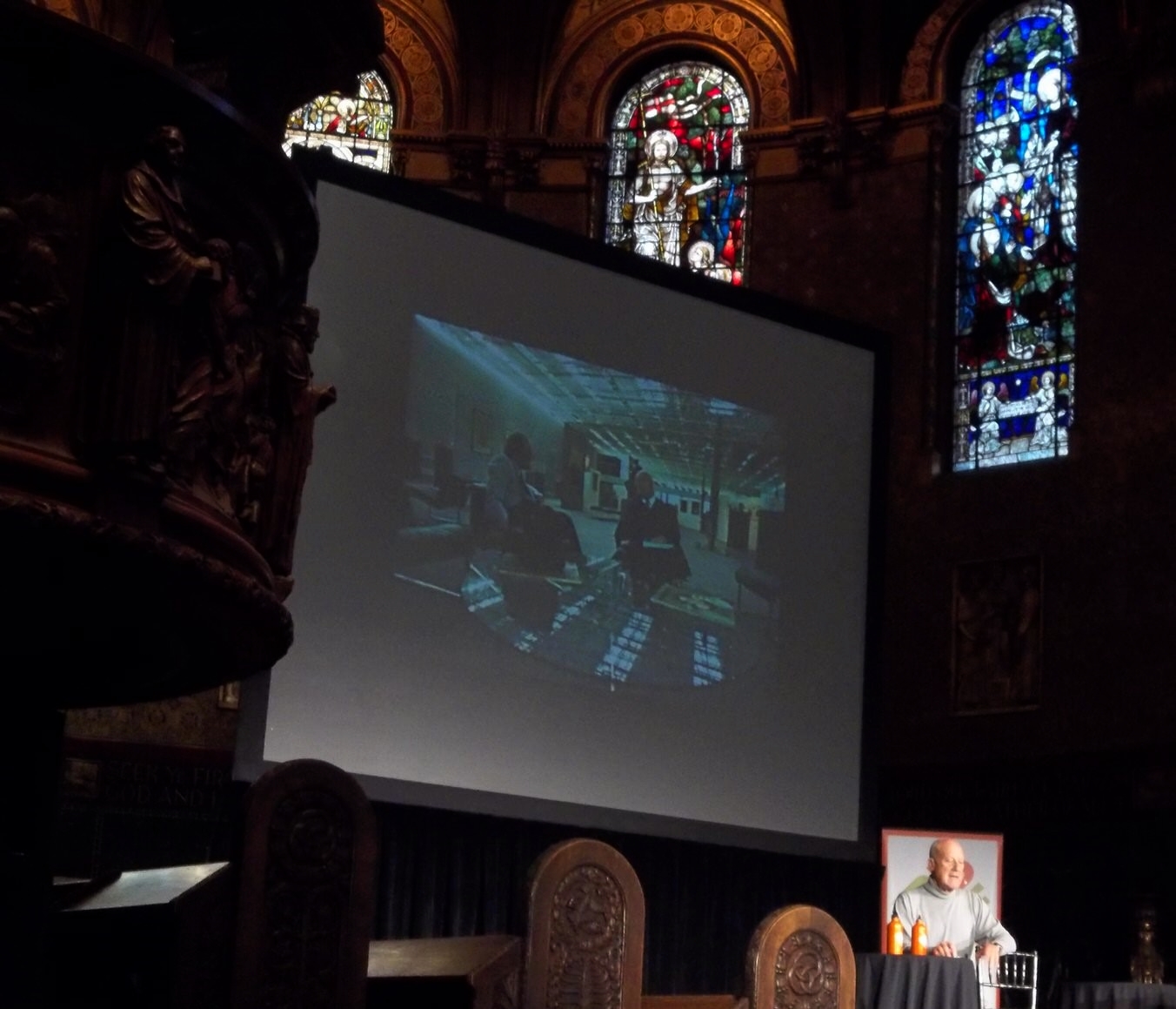 Norman Foster, Trinity Church, Boston. Slide shows Foster with architecture iconoclast Buckminster Fuller, Sainsbury Ctr. Norwich