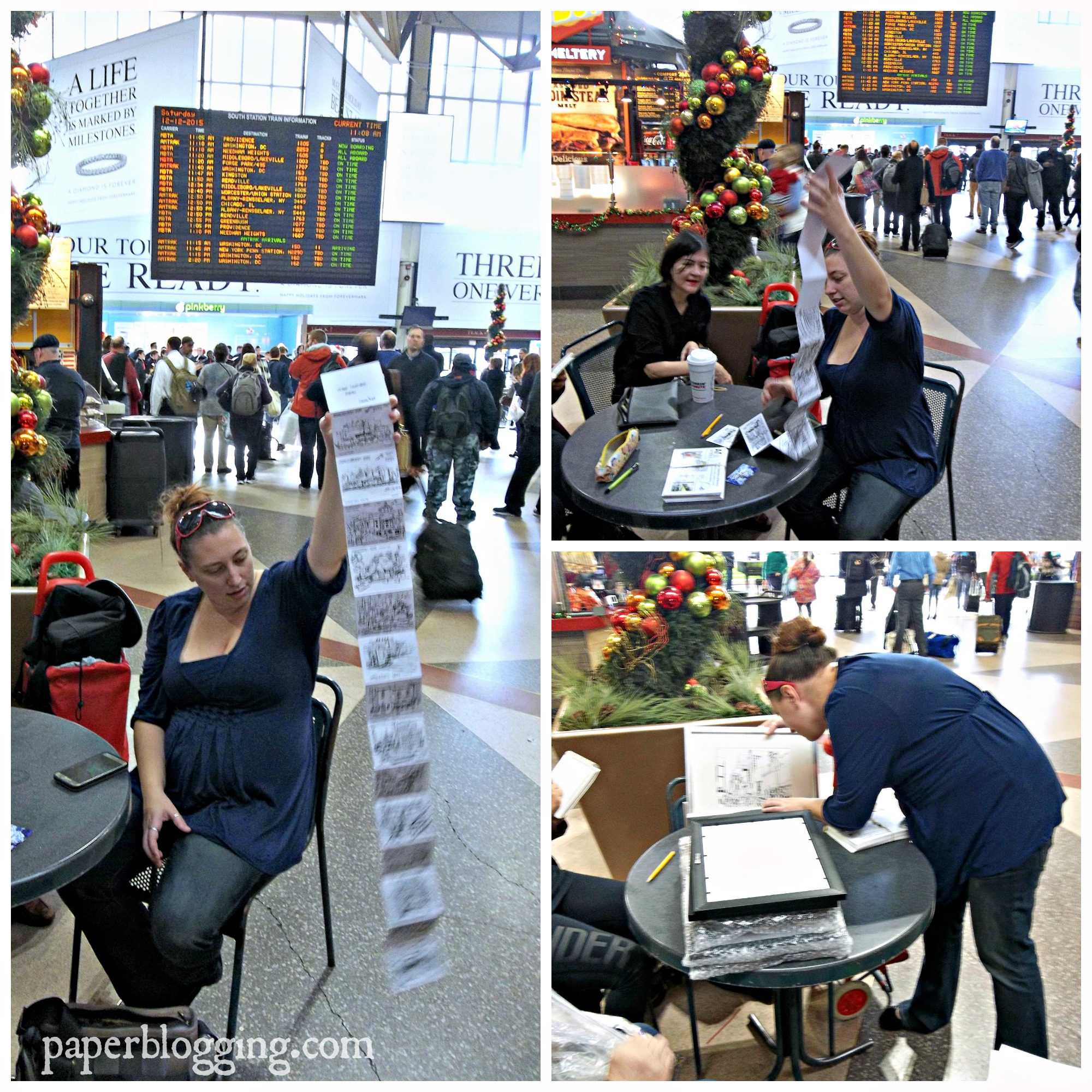 In South Station, Boston, Emma Thurgood, business manager of ArcWorks Gallery, looks through exhibit submissions with Laura Sfiat, cofounder of Urban Sketchers Boston