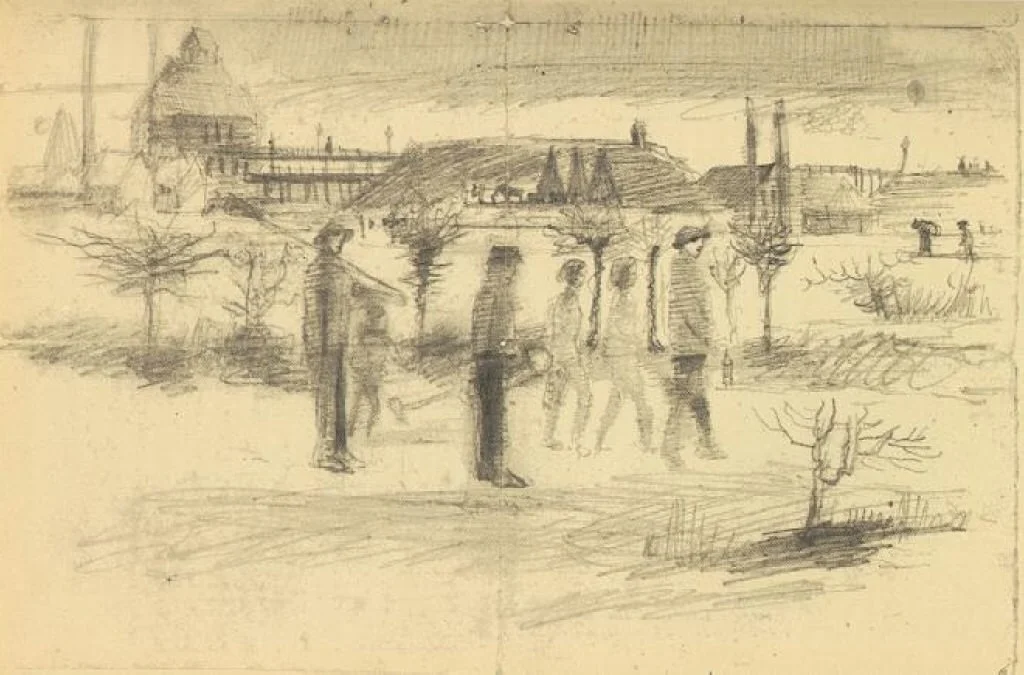 Miners in the Snow at Dawn , pencil sketch, 1880, age 27