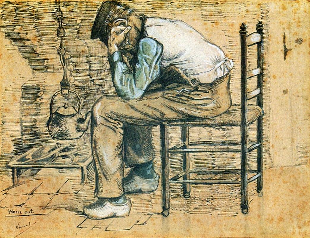 Peasant Sitting by the Fireplace (Worn Out), ink and watercolor, 1881