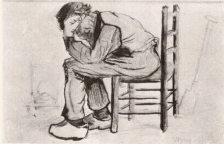 Peasant Sitting by the Fireplace (Worn Out), study in chalk and watercolor, 1881, age 28