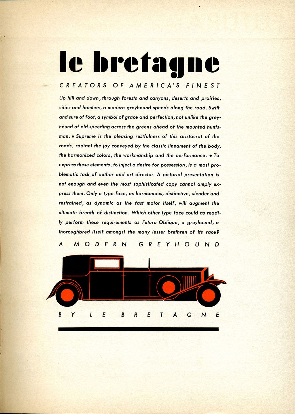 An American metal type specimen sheet of Futura Oblique. Design shows a hypothetical layout advertising a car. Date presumably late 1920s-1930s. Photo: James Puckett