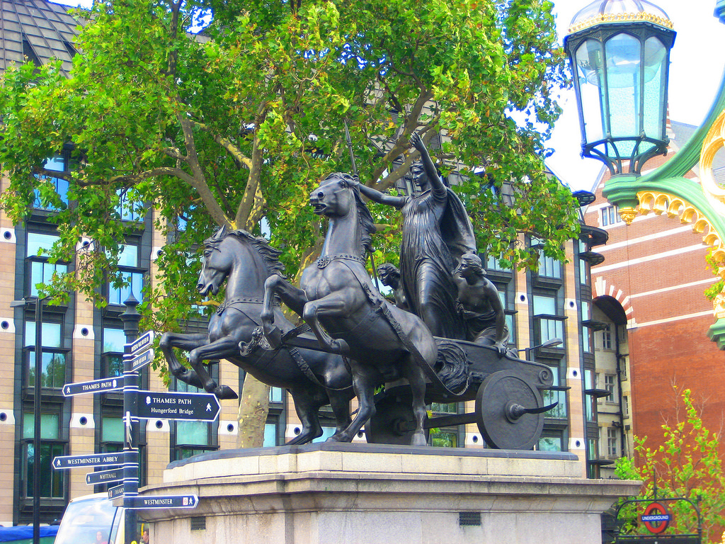 Boadicea on the Thames Embankment, London. Photo credit.