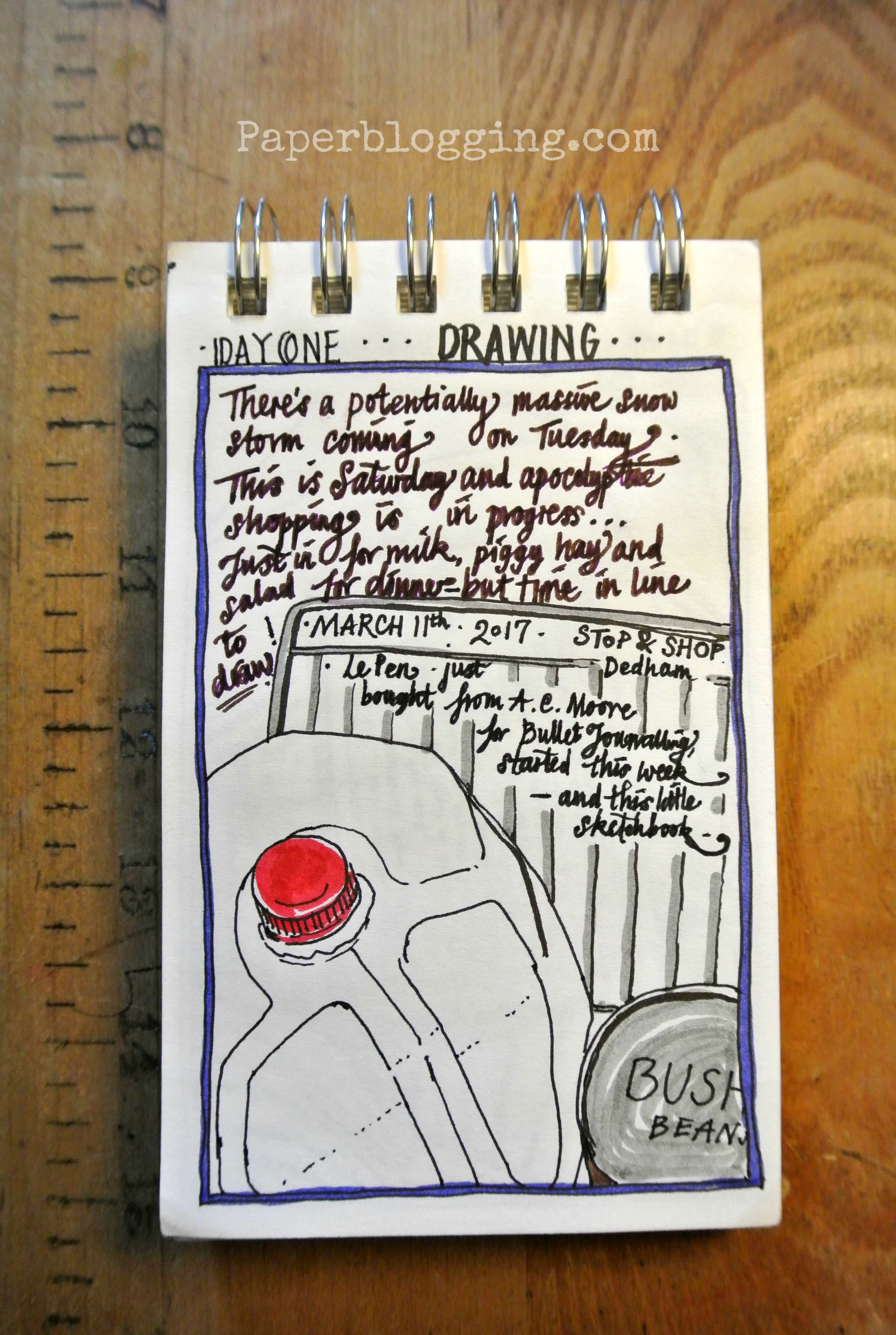 Strathmore Tiny Book: Day One. Scruffy, fun start while in line at the grocery store. Color added later. Totally overdone ... but a start!