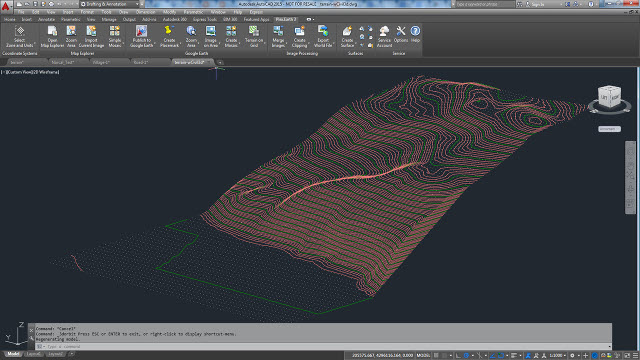 This drawing shows the contours at 1-meter height intervals for a surface generated by 5,000 elevation points from Google Earth.