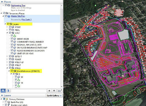 A whole drawing, as seen in Google Earth. Note that the layers and blocks’ structure is maintained.