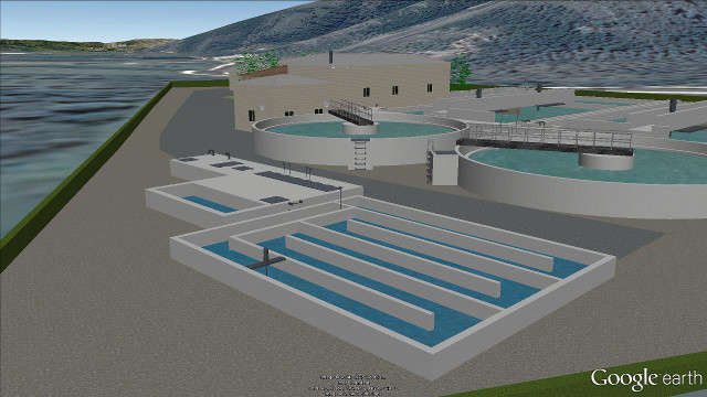 Detail view of a wastewater treatment plant in Google Earth.