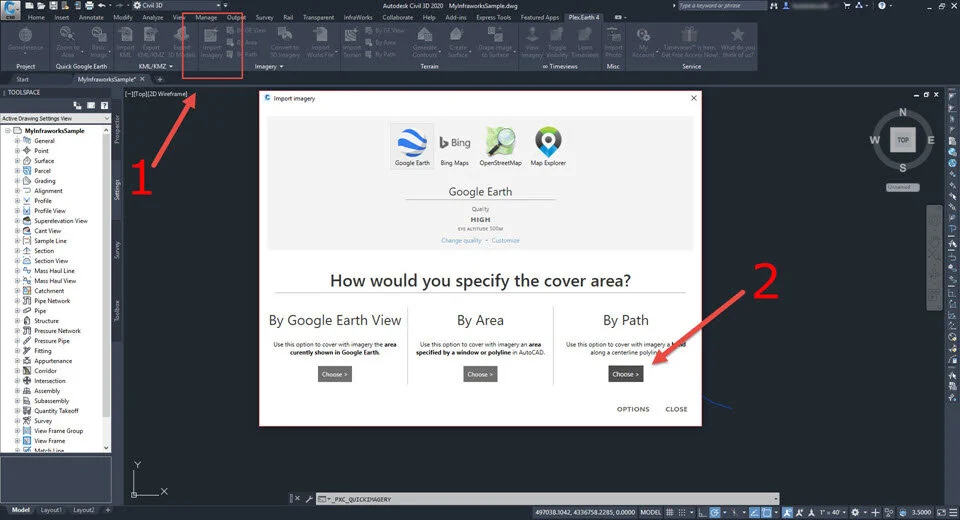 a) Click the "Import Imagery" button in Plex.Earth, select Google Earth and click the "Choose" button under "By Path".