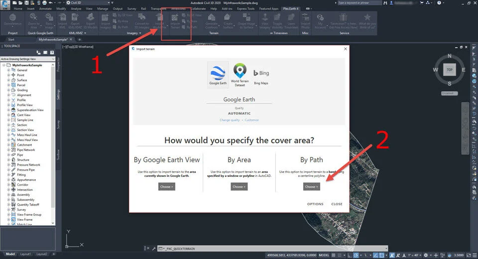 a) Click the "Import Terrain" button in Plex.Earth, choose Google Earth and click the button under "By Path".