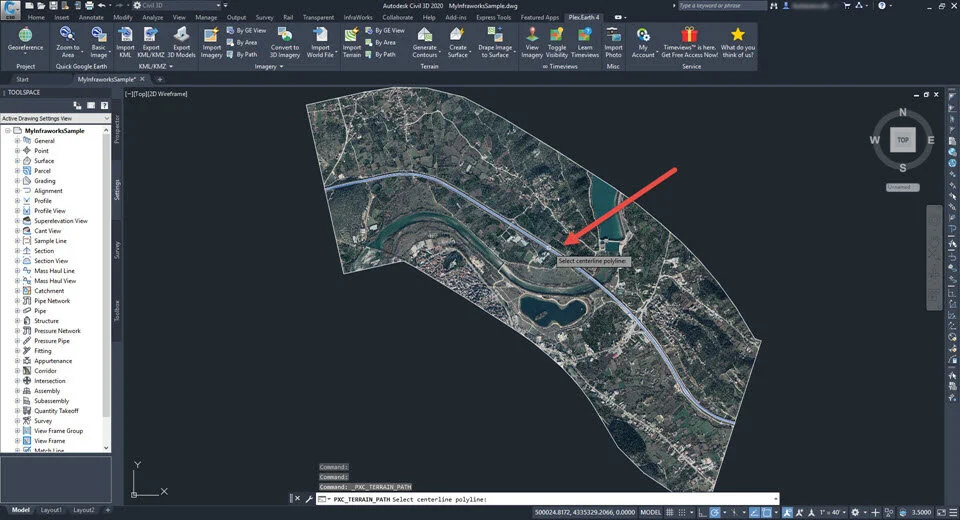 b) Select the centerline of your road project.