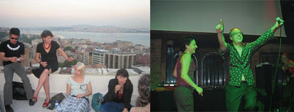Left: On an Istanbul rooftop. Right: Charles Esche's karaoke moment.