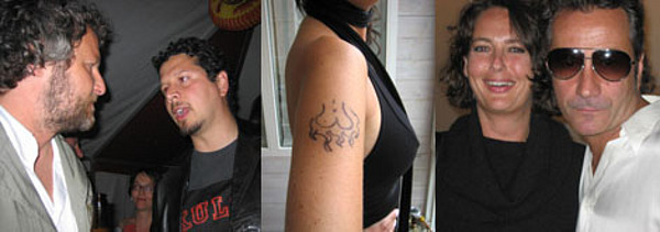 Left: Artists Tobias Rehberger and Juan Pedro Fabra Guemberena. Middle: Guemberena's “Ass on Fire” tattoo. Right: Curator Marianne Hultman and magazine editor Jan Walaker.