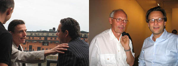 Left: Artist Marcel Odenbach and Udo Kittelmann. Right: Collector Lars Thulin and Daniel Birnbaum.