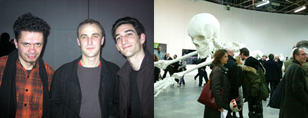 Contemporary senior editor Michele Robecchi, curator Thomas Boutoux, and critic Yoann Gourmel. Right: Visitors pass Adel Abdessemed's Habibi , 2003. (Photo courtesy Palais de Tokyo)