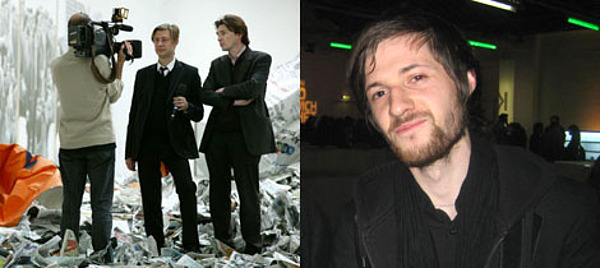 Left: Jérôme Sans and Nicolas Bourriaud are interviewed. (Photo courtesy Palais de Tokyo) Right: “Notre Histoire...” artist Loris Gréaud.