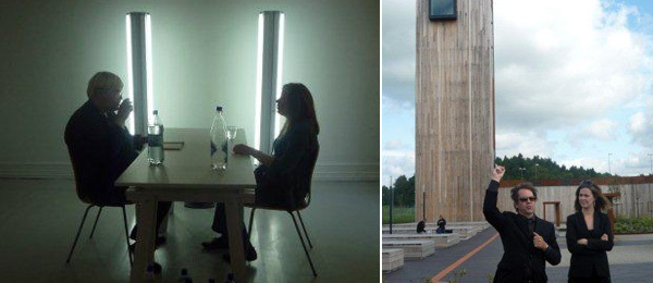 Left: Heman Chong's performance reading of Maarit Verronen's book Kulkureita ja Unohtajia. Right: Punkt Ø (Momentum) director Dag Aak Sveinar and Momentum curator Aura Seikkula in front of Solberg Tower.