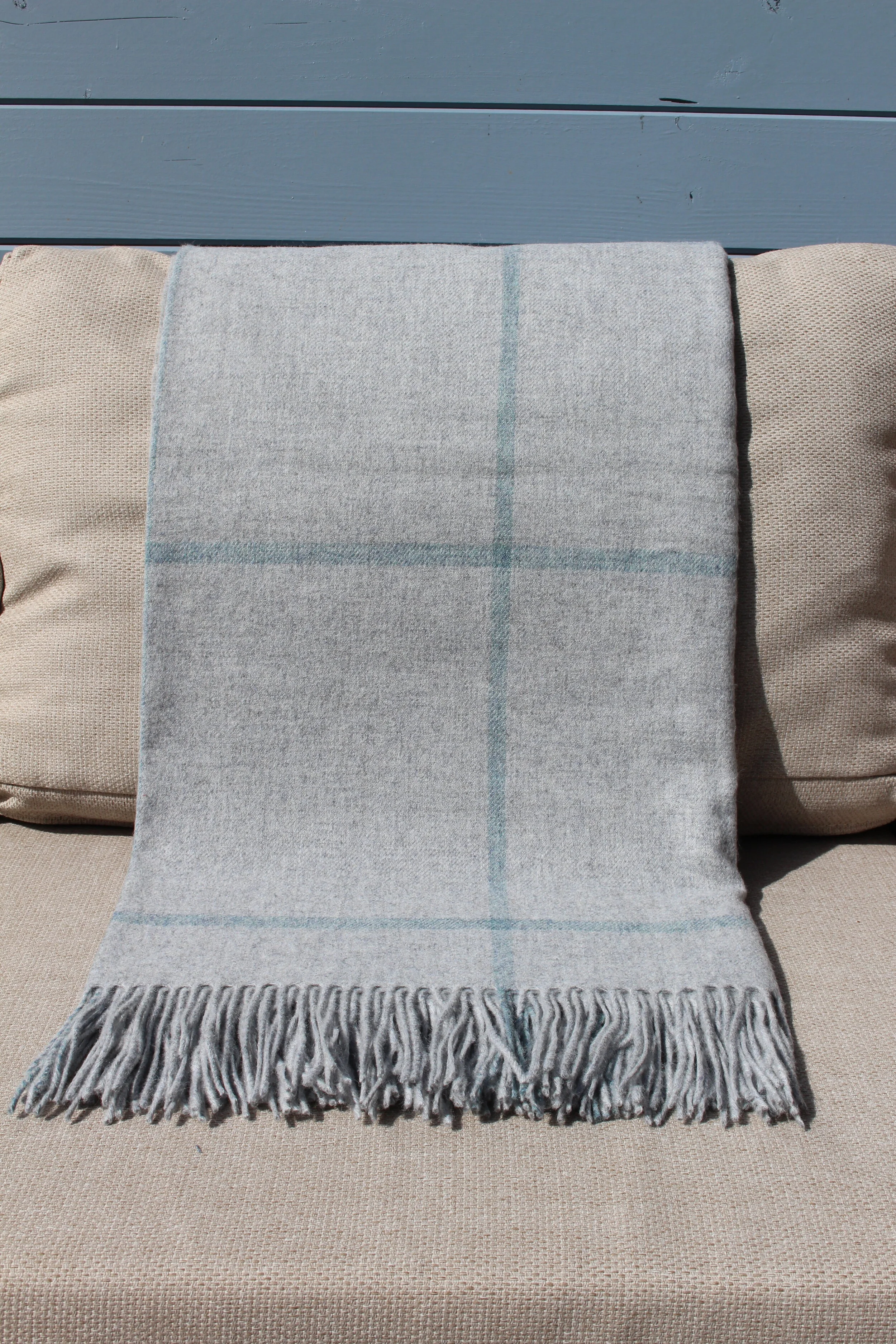 Pure lambswool grey and blue windowpane blanket