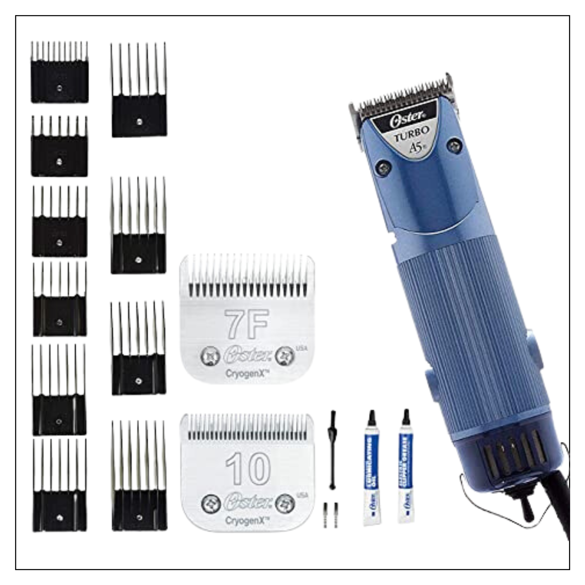 Oster A5 Dual Speed Grooming Clipper with Detachable Cryogen-X Blades #10 and #7F 7 Piece Universal Combs Guides Set