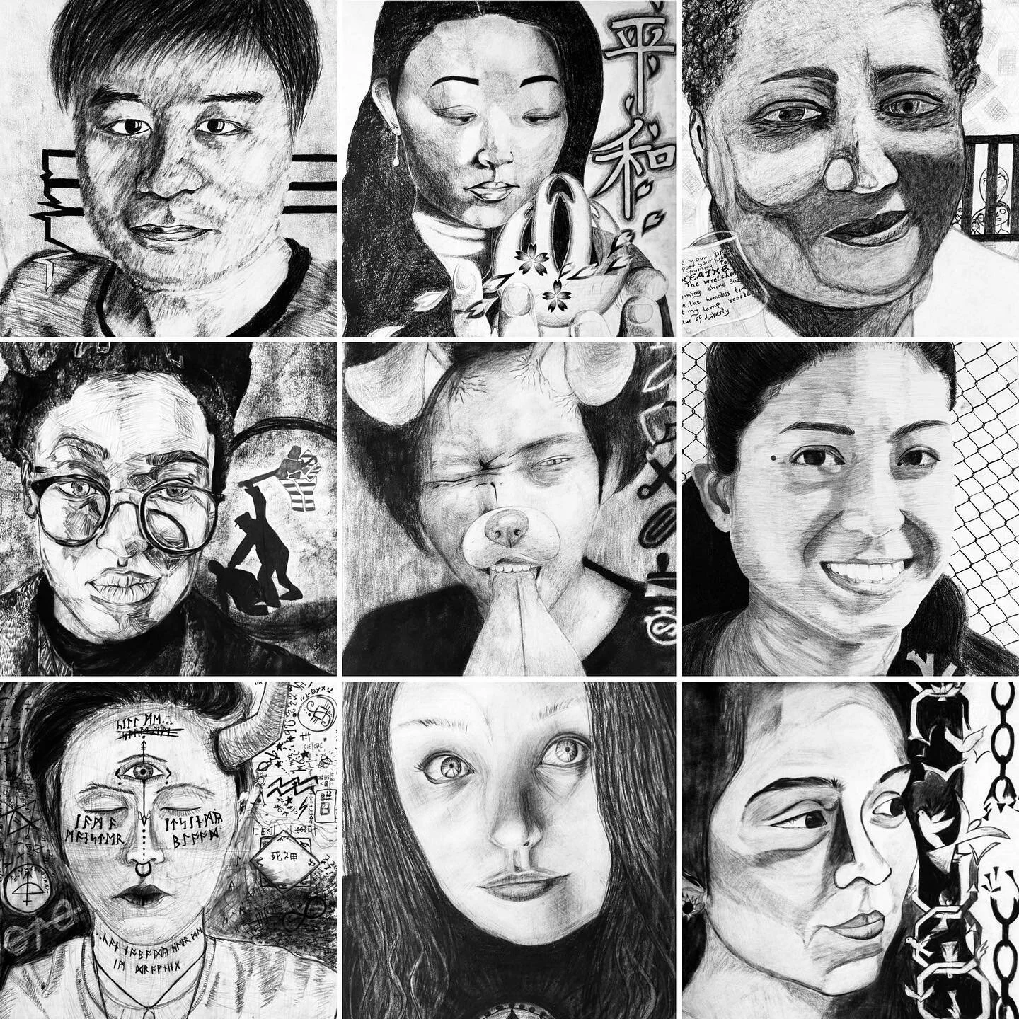 it&rsquo;s that time again! Sampling of some fabulous faces from Drawing 1 @
@mcc_ct &amp; @westfieldstateart 
🖤🤍🖤🤍🖤🤍
.
.
#selfportrait #charcoal #expressivemarkmaking #artclass #drawing1 #introtodrawing #2dart #communitycollege