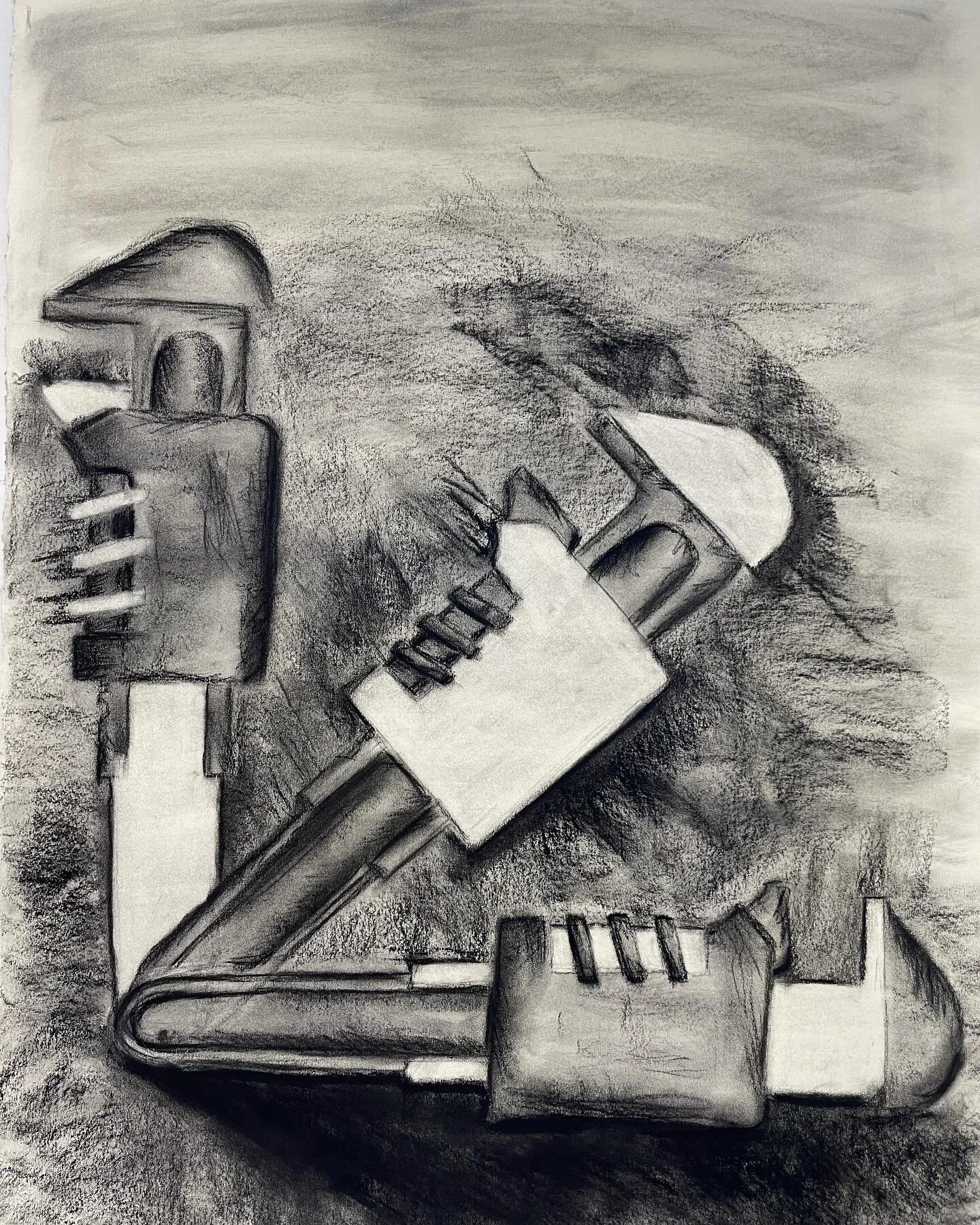 🖤 falling, rising wrench -
diptych by @lilyrousseauu charcoals on 23&rdquo;x30&rdquo;Stonehenge papers. #drawingcompositon /
Shape and Space unit. 
.
.
#artclass #charcoaldrawing #charcoal #wrench #tooldrawing #artstudent #fallensoldier #jimdine #ne