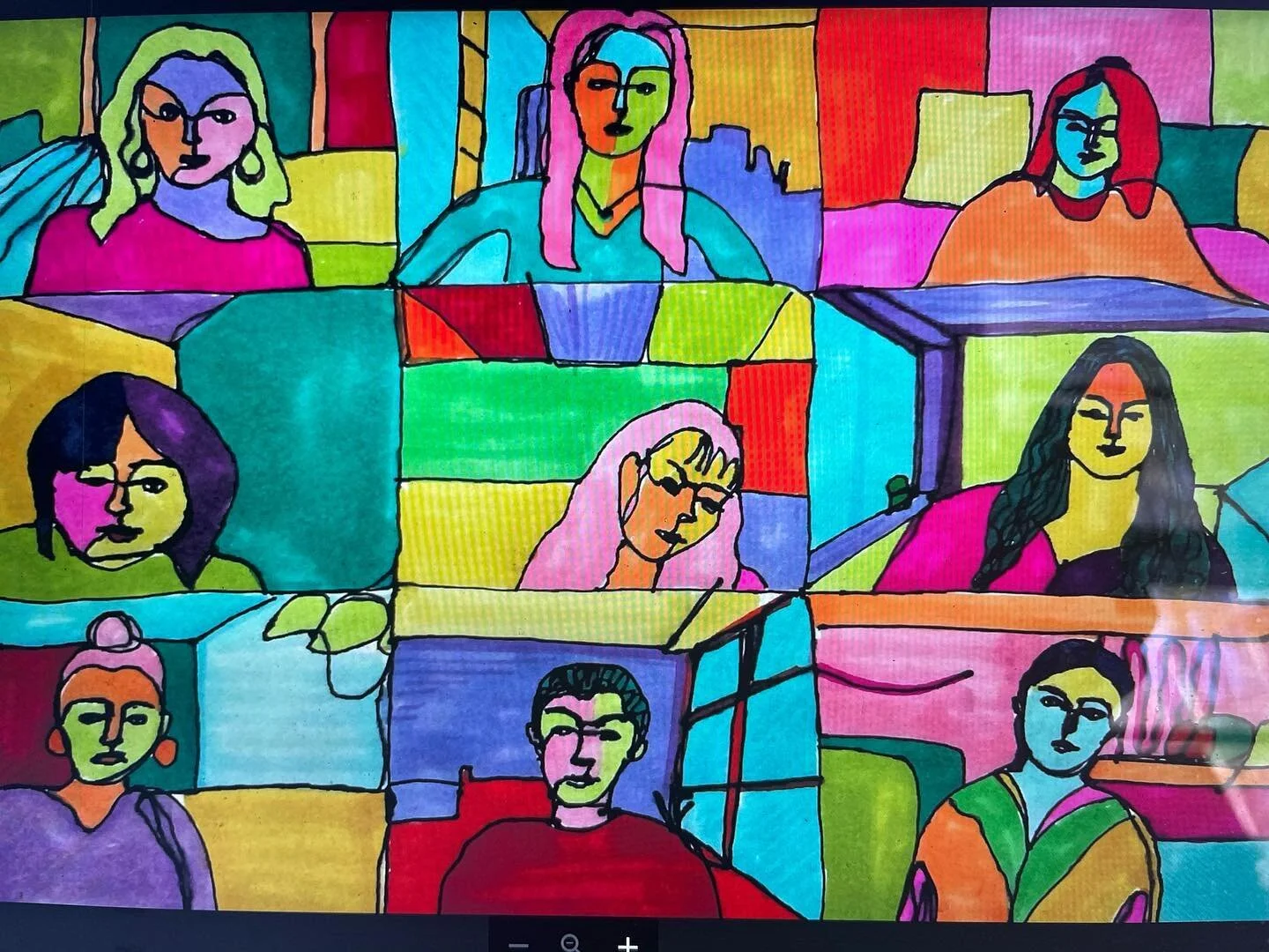 Color! ... zoom 👀 &amp; in person portrait drawings/altered continuous contours from students @mcc_ct and @umass
.
#continuouscontour #drawing #drawingclass #zoomportrait #linedrawing #blindcontourdrawing #quarantineaart