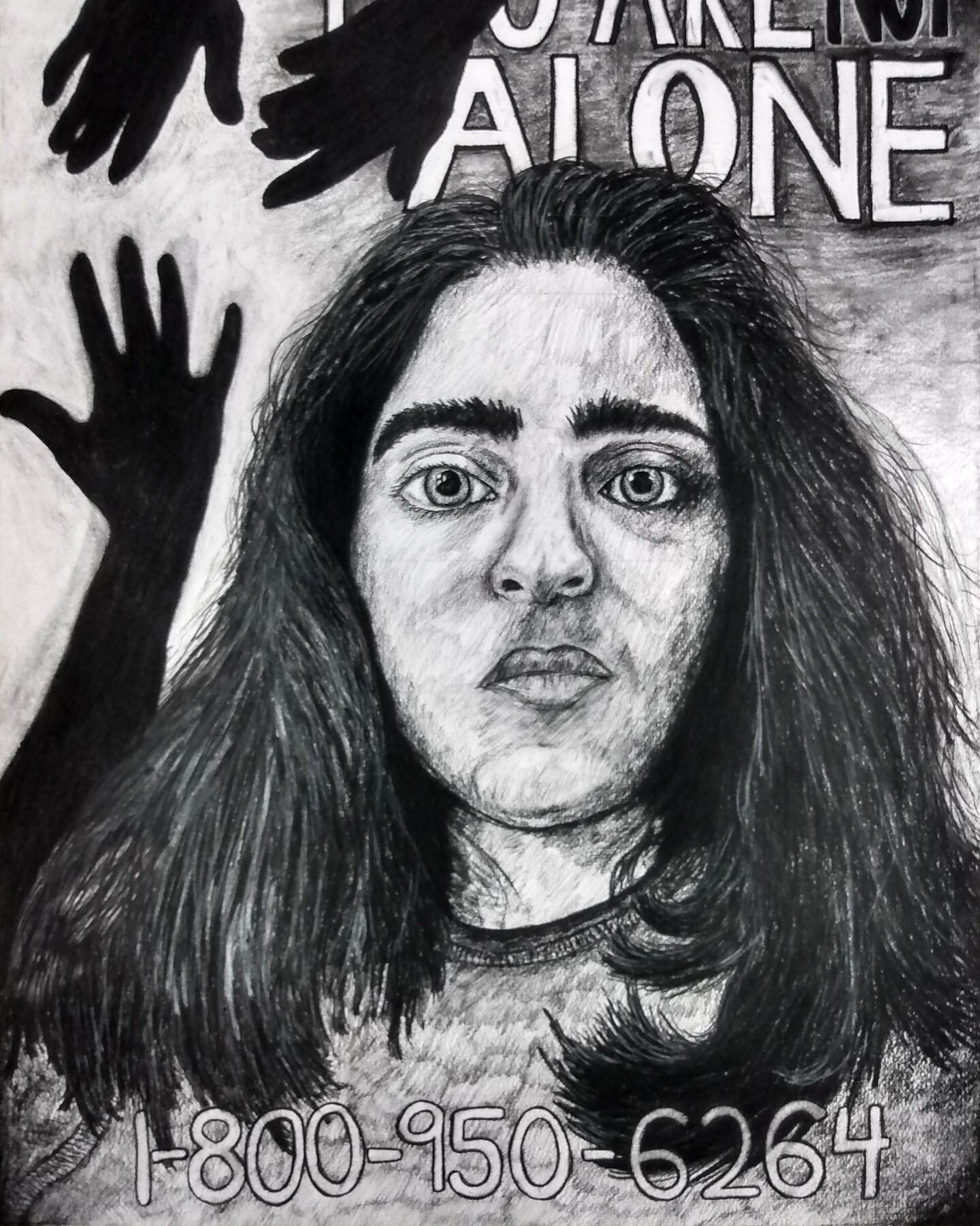 You Are NOT Alone 1 800 950 6264 / self portrait by student @emily.suthar 
Charcoals on Rives bfk 22&rdquo;x30&rdquo; 
#bigpicture 💪🖤🤍 #bigselfie
.
.
#artclass #drawingclass #selfportrait #artmajor #mentalhealthawareness #helpisoutthere #mentalhea