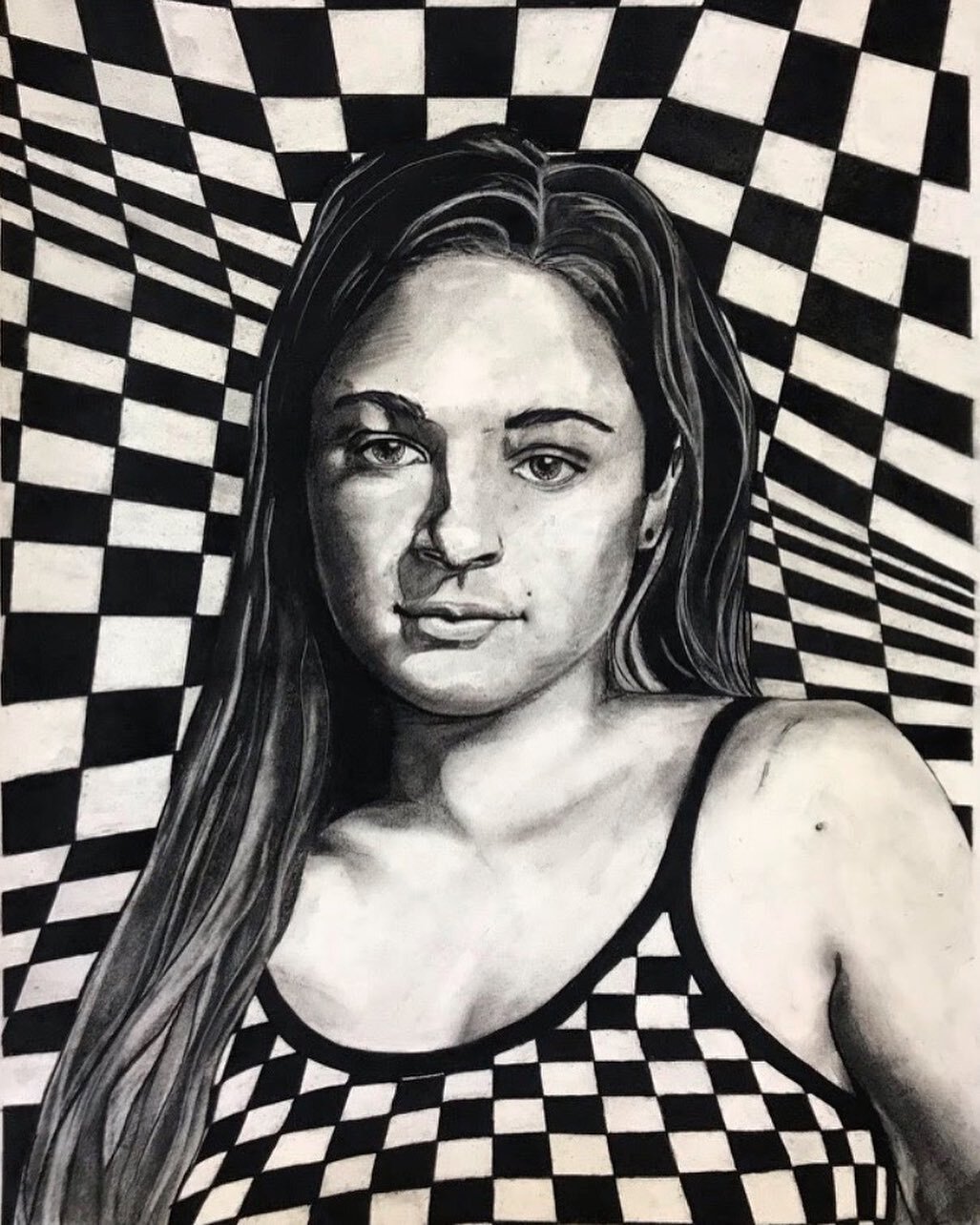 Astrid Looks Back.
.
Self portrait by @lilpaddington_  who &ldquo;[calls into question our perceptions and perspectives.]&rdquo; 👀👀🏁🏁
.
#charcoal #rivesbfk #checkerpattern #artstudent #artclass #drawingclass #portraitdrawing #selfie #artoninstagr