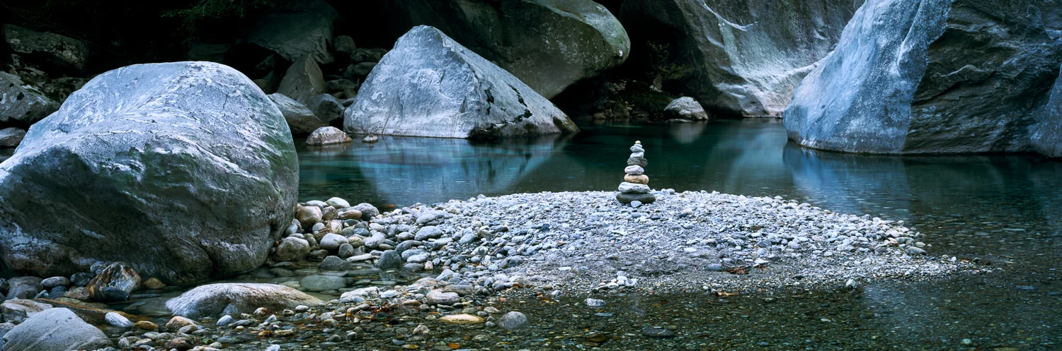 Cairn in the river, Switzerland 120x40 cm, Edition of 6 150x50 cm, Edition of 7 180x60 cm, Edition of 7 210x70 cm, Edition of 5