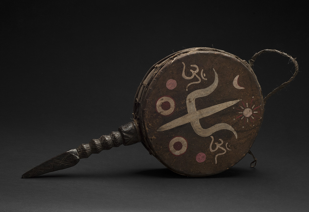   Nepal    Drum  , Mid 20th C. Wood, skin, leather, paint 21 x 10.5 x 3.5 inches 53.3 x 26.7 x 8.9 cm Nep 39 