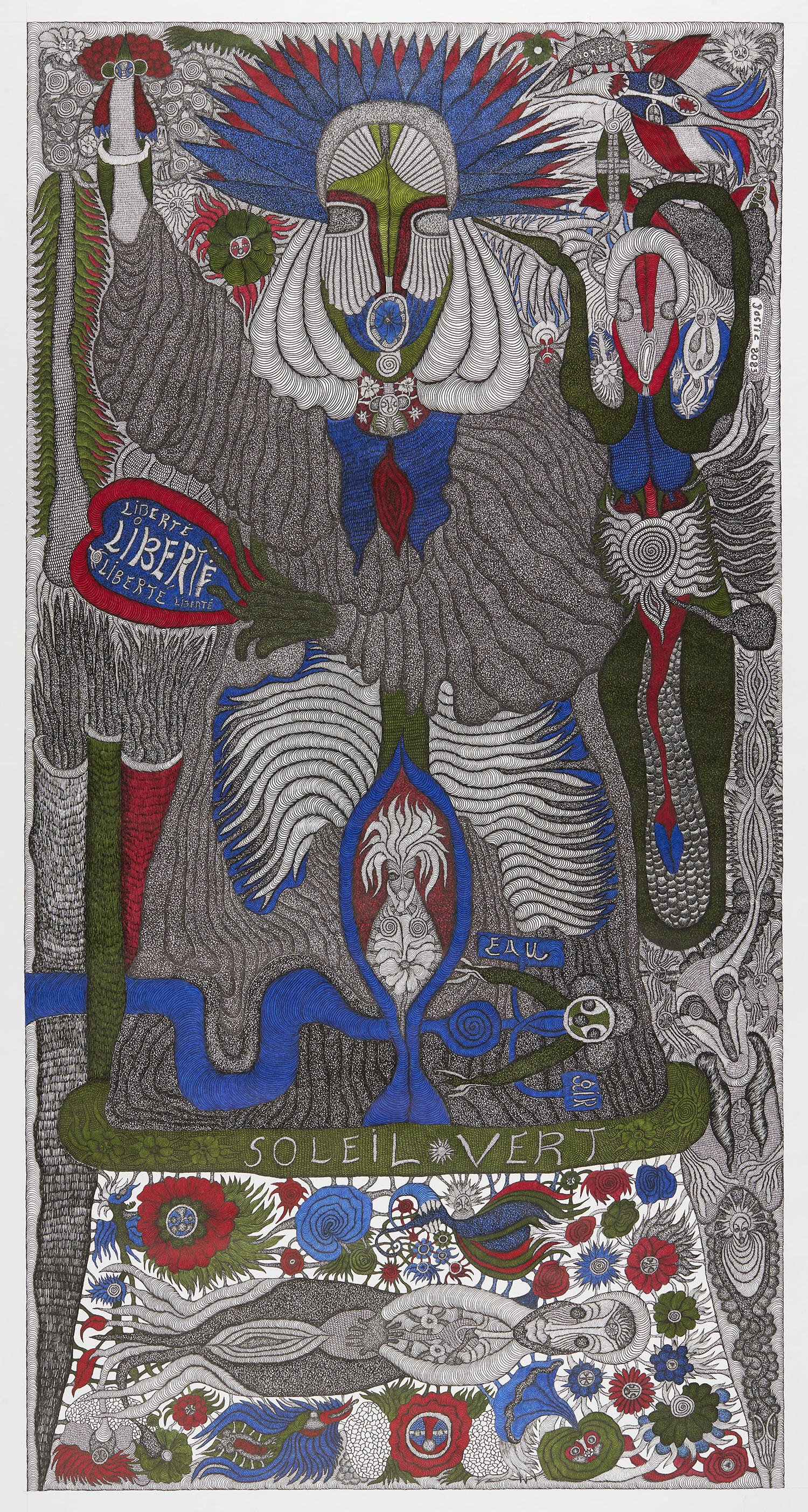   Evelyne Postic  Injured Liberty (La Liberté Bléssée)  , 2023 Ink on canvas 76.77 x 39.37 inches 195 x 100 cm EvP 13 