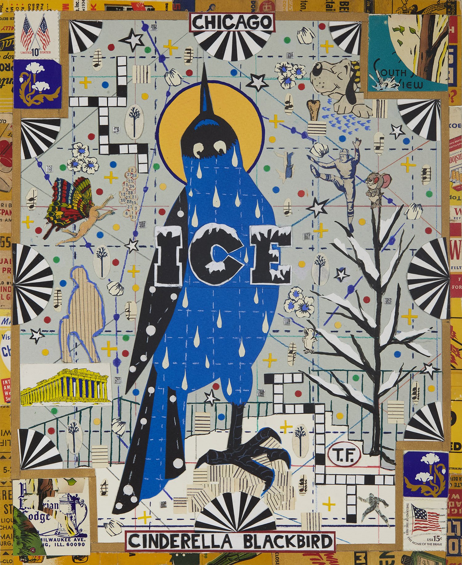   Tony Fitzpatrick  Cinderella Bird - Winter Bird for the Night Sky  , 2023 Collage on paper 11 x 9 inches 27.9 x 22.9 cm TFk 7 